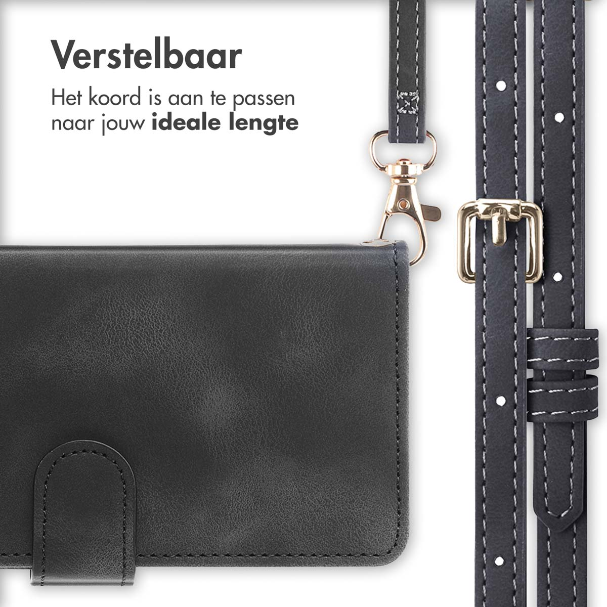 Étui de téléphone noir avec une sangle et un détail de fermoir. La sangle est réglable.