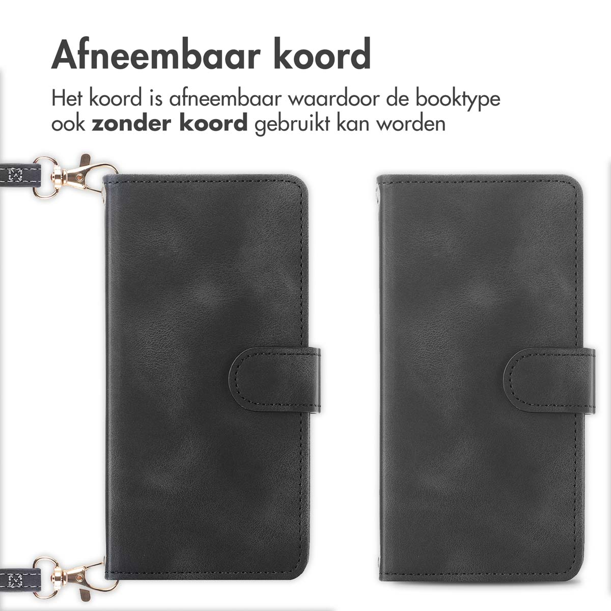 Une coque de téléphone noire avec cordon détachable. Deux côtés de la coque sont montrés.