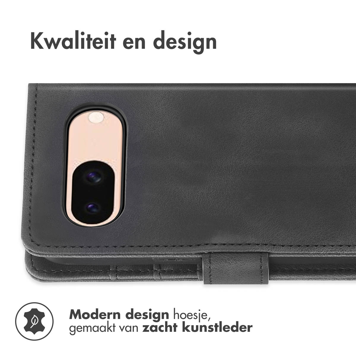 Coque de téléphone en cuir noir. Téléphone visible. Fond blanc.