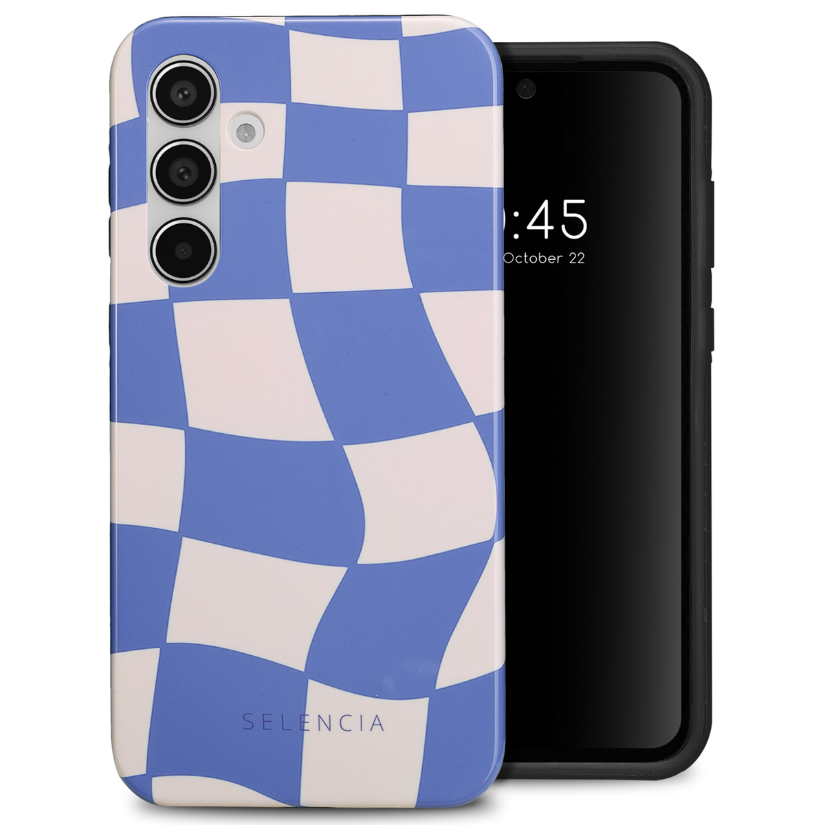Telefoon in een blauw-wit geruit hoesje, de achterkant van de telefoon.