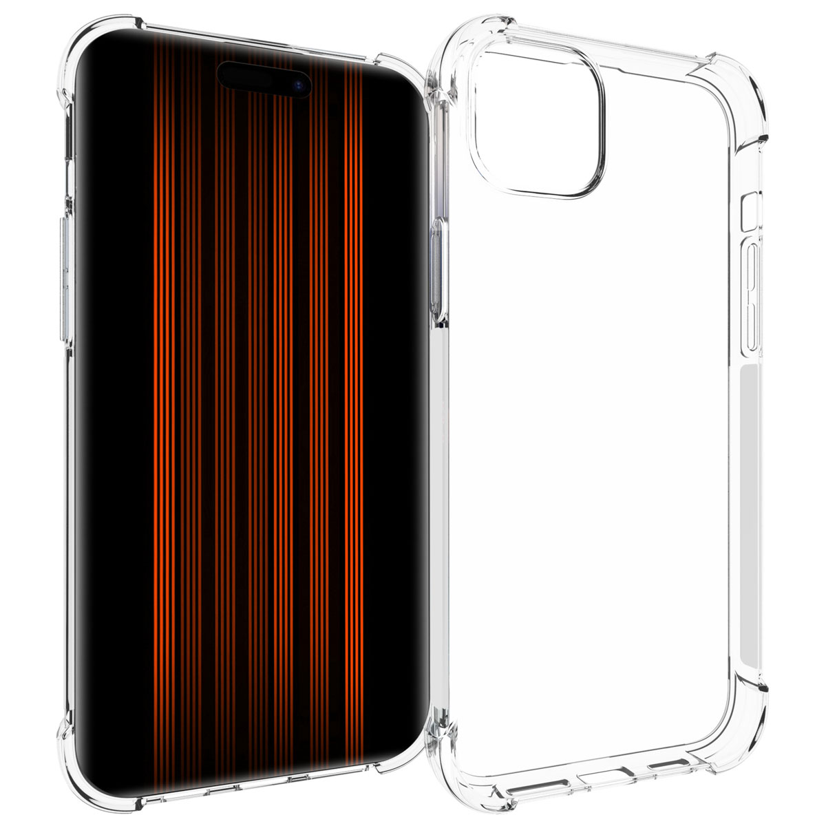 Un étui de téléphone transparent avec un téléphone à l'intérieur. L'écran du téléphone a des lignes verticales oranges.
