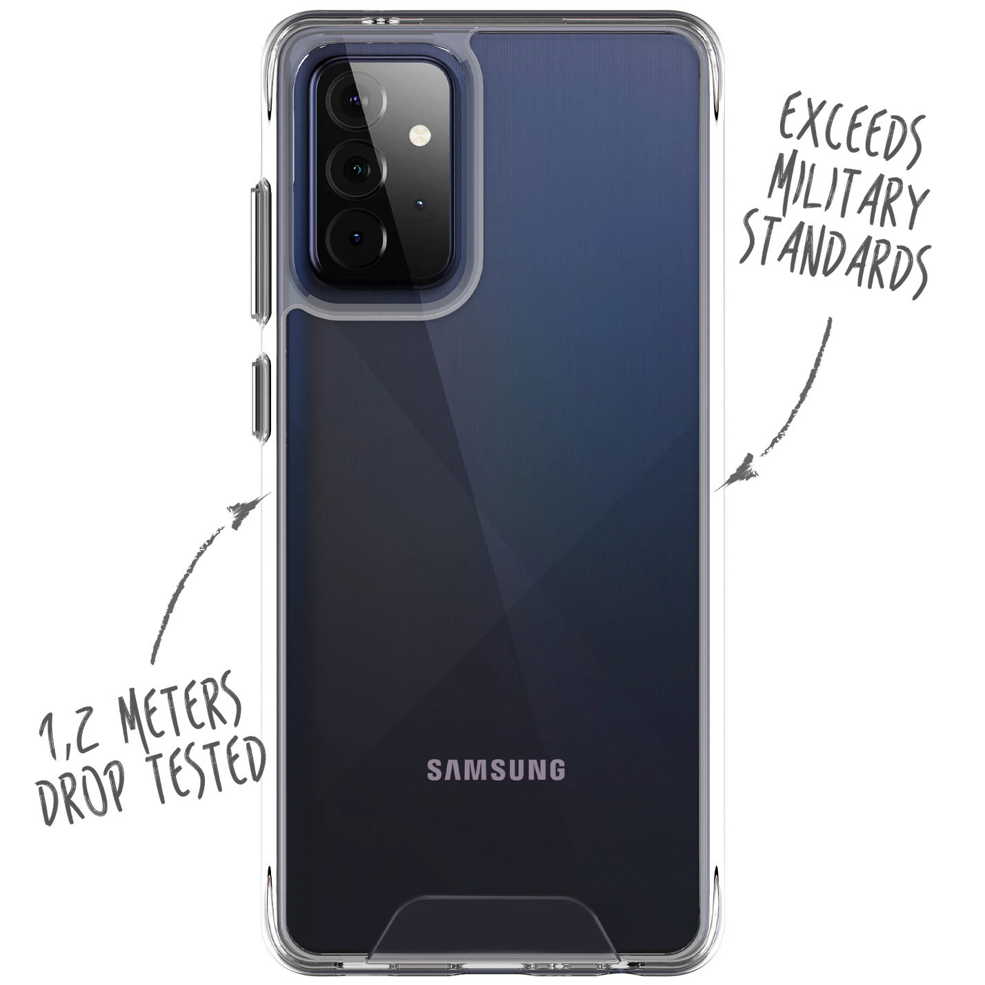 Transparante telefoonhoes met een donkerblauwe telefoon erin, en tekst die zegt: 1,2 meter val getest.