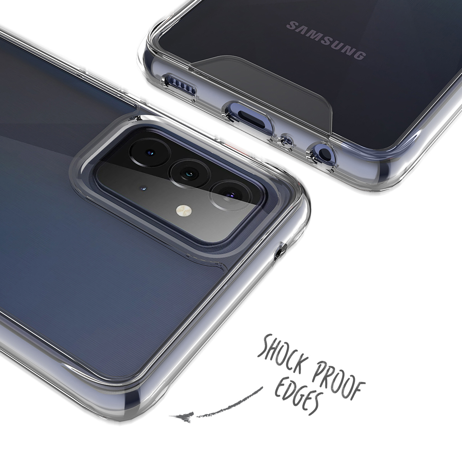 Twee transparante telefoonhoesjes met schokbestendige randen. Eén toont het Samsung logo.