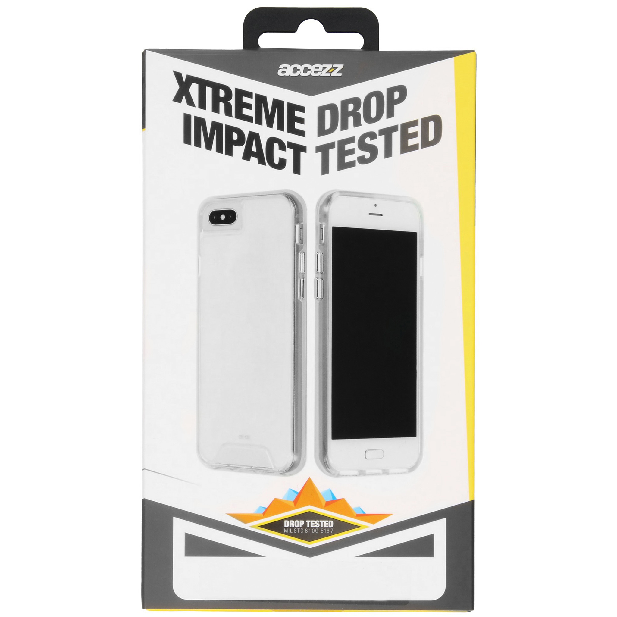 Telefoonhoes verpakking. Twee doorzichtige telefoonhoesjes. Tekst: Xtreme Drop Impact Tested.