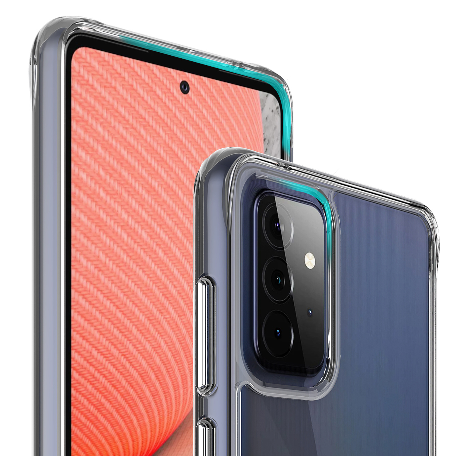 Transparante telefoonhoes met een cameramodule. De zijkanten zijn turquoise gekleurd.