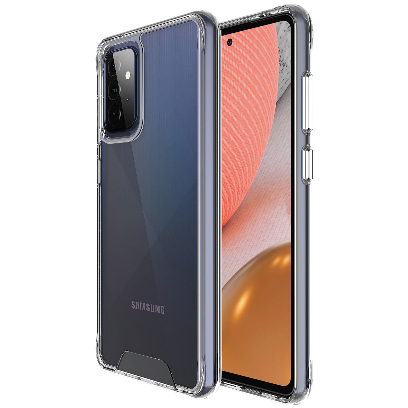 Transparante telefoonhoes met een telefoon erin. De telefoon is zwart. Achtergrond is een licht oppervlak.