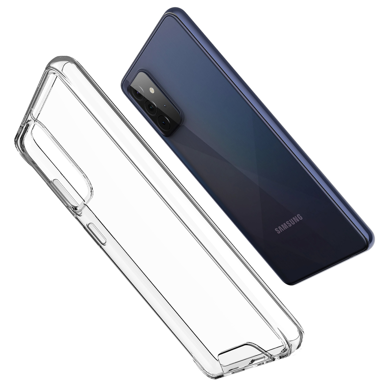 Transparante telefoonhoes naast een donkerblauwe telefoon. De telefoon heeft het Samsung logo.