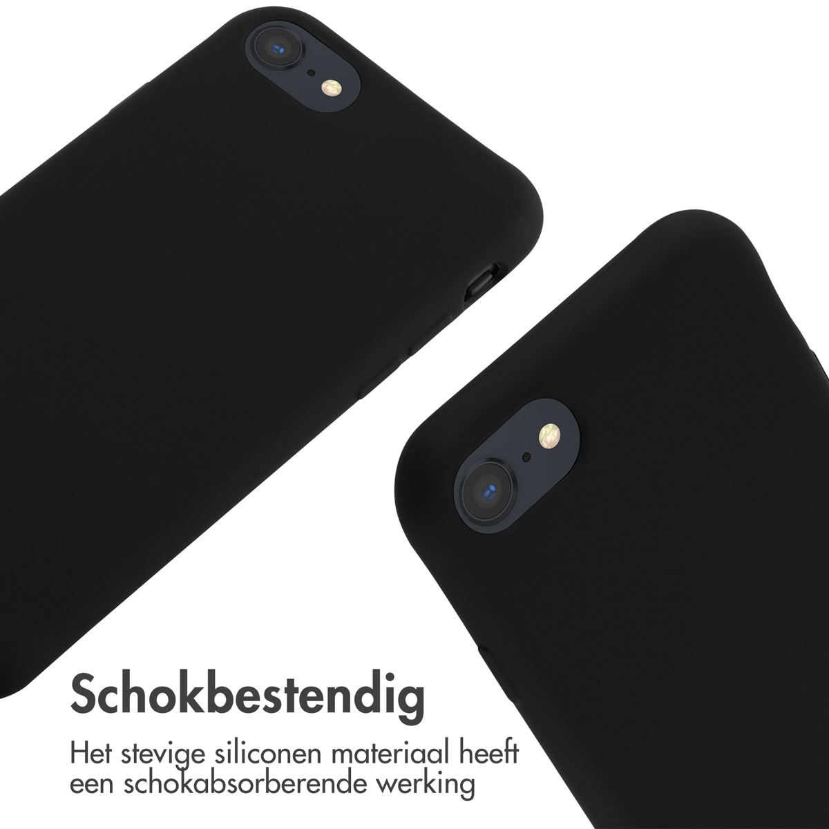 Twee zwarte telefoonhoesjes, lichtjes schuin. Tekst: 'Schokbestendig' en dat het siliconen materiaal schokken absorbeert.