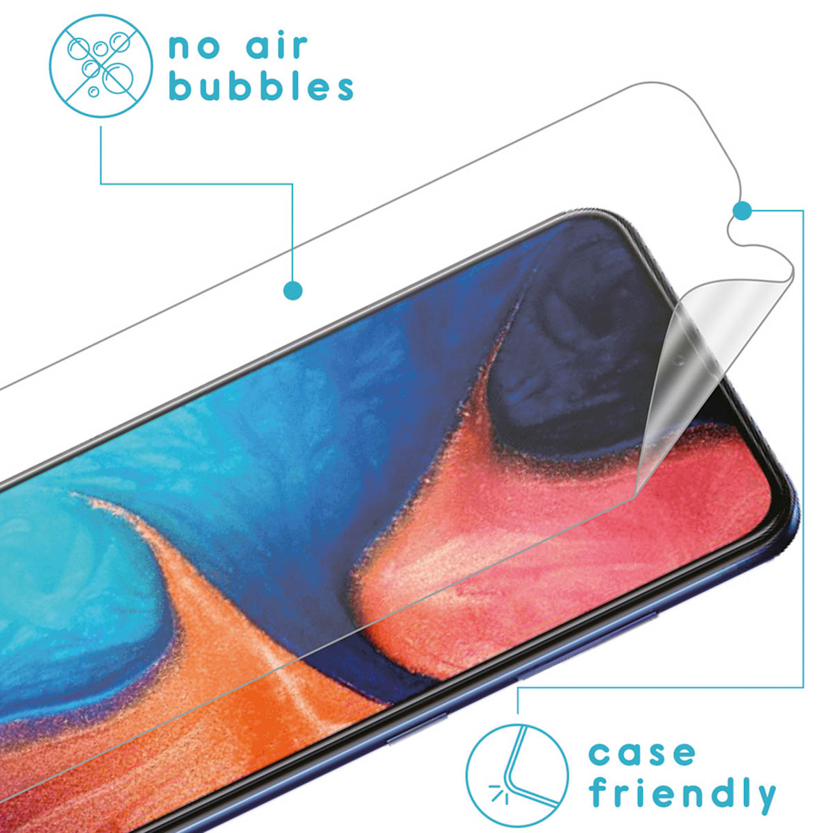 Telefoonschermbeschermer wordt op een telefoonscherm aangebracht. Tekst: Geen luchtbellen, casevriendelijk.