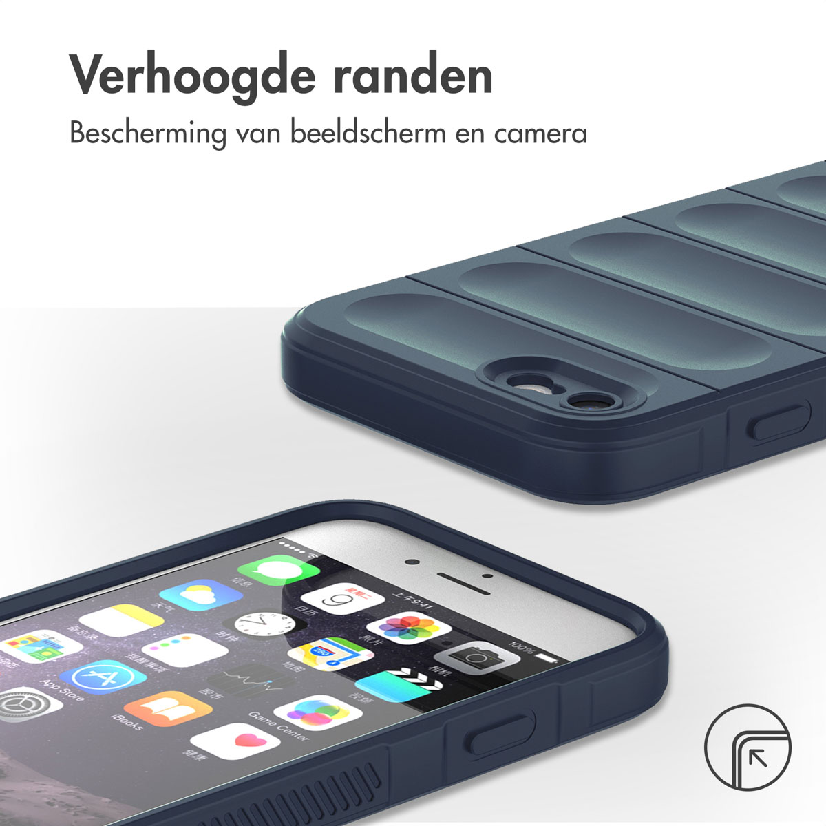 Vengono mostrati due telefoni in custodie blu scuro. Uno è a fuoco, mostrando le icone delle app. L'altro, sfocato, ha un design a coste.