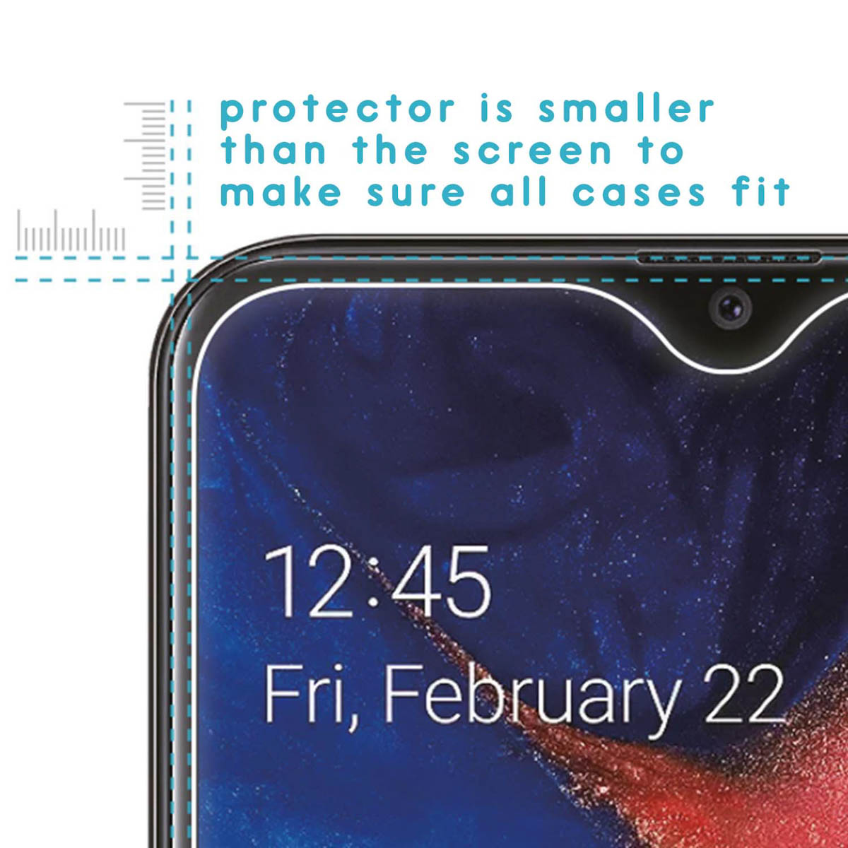 Een telefoonscherm met een schermbeschermer. De tekst op het scherm toont de datum en tijd.