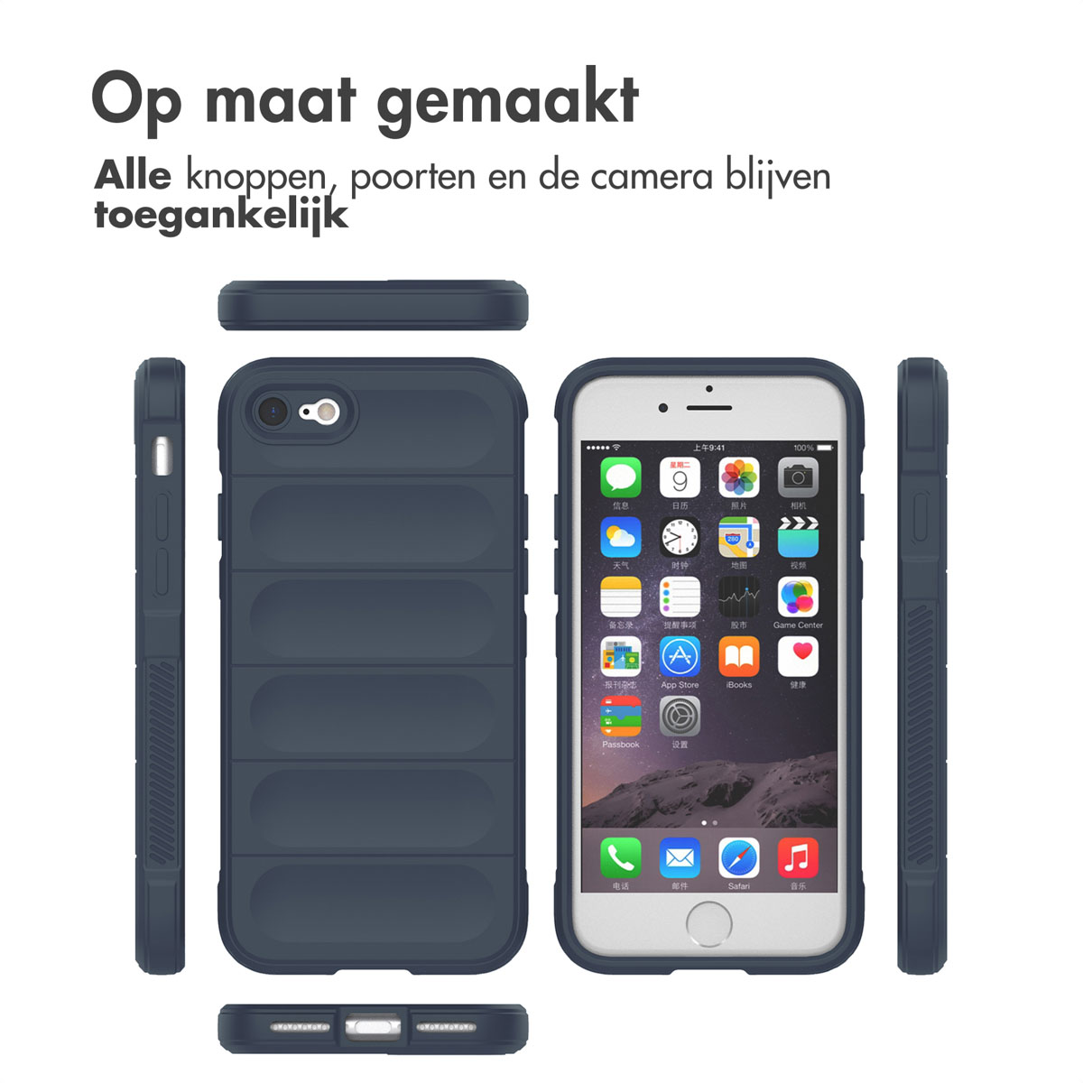 Un iPhone in una custodia blu scuro viene visualizzato da più angolazioni, evidenziando l'accessibilità dei pulsanti e della fotocamera.