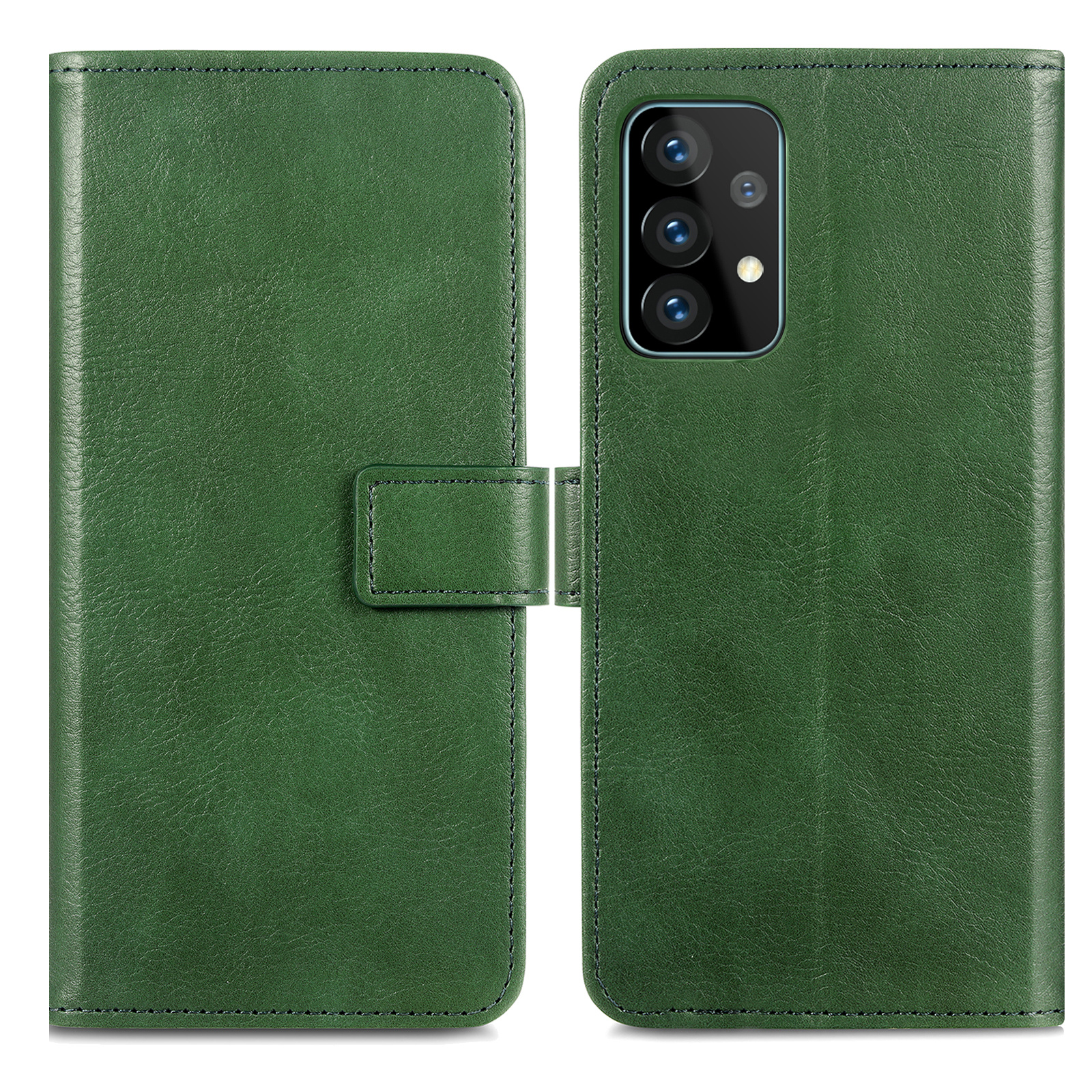 Custodia per telefono in pelle verde aperta, mostra il telefono e l'interno con chiusura magnetica.