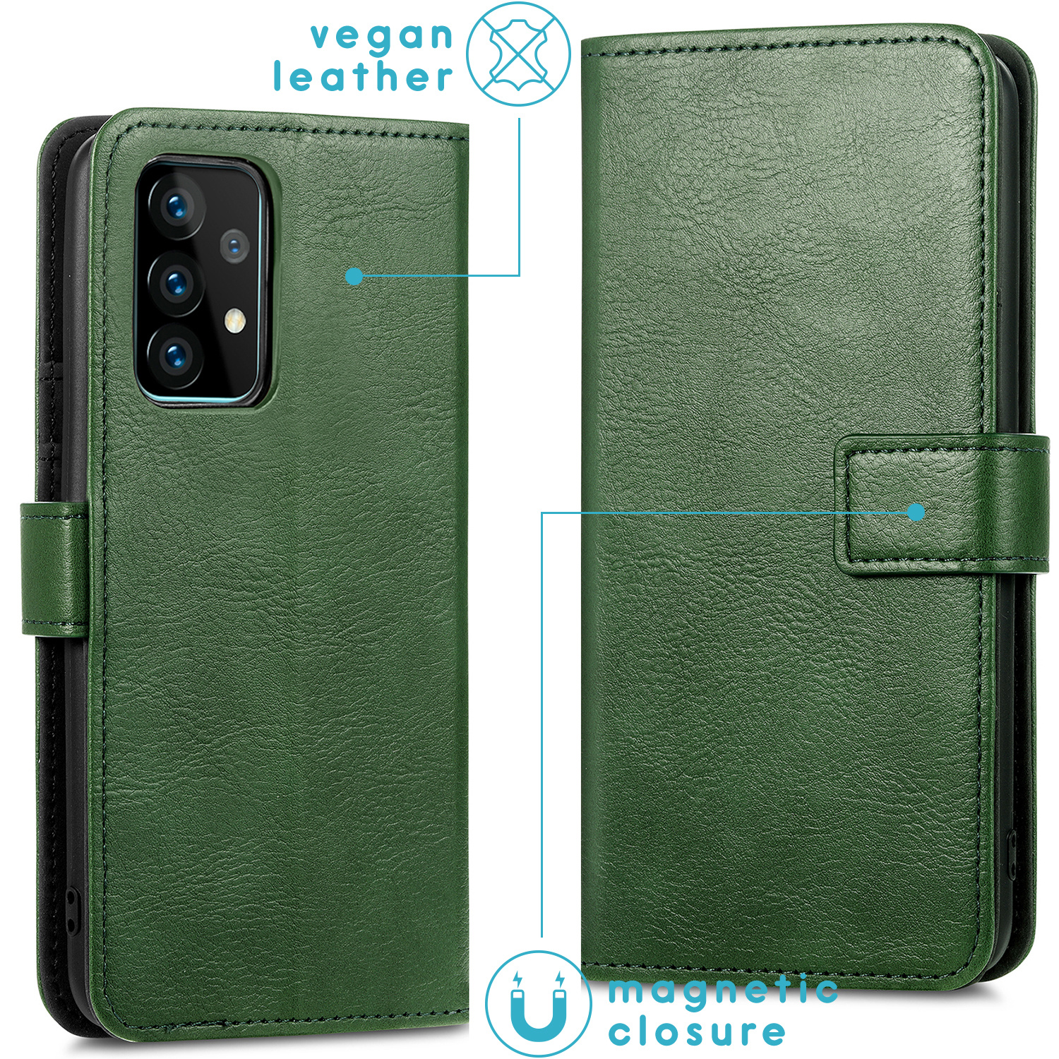 Custodia a portafoglio in pelle verde, aperta per mostrare telefono e chiusura magnetica.