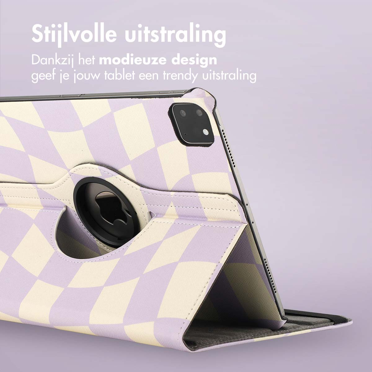 Tablet case with a checkered design. The tablet is in the case. Text: Stylish look.