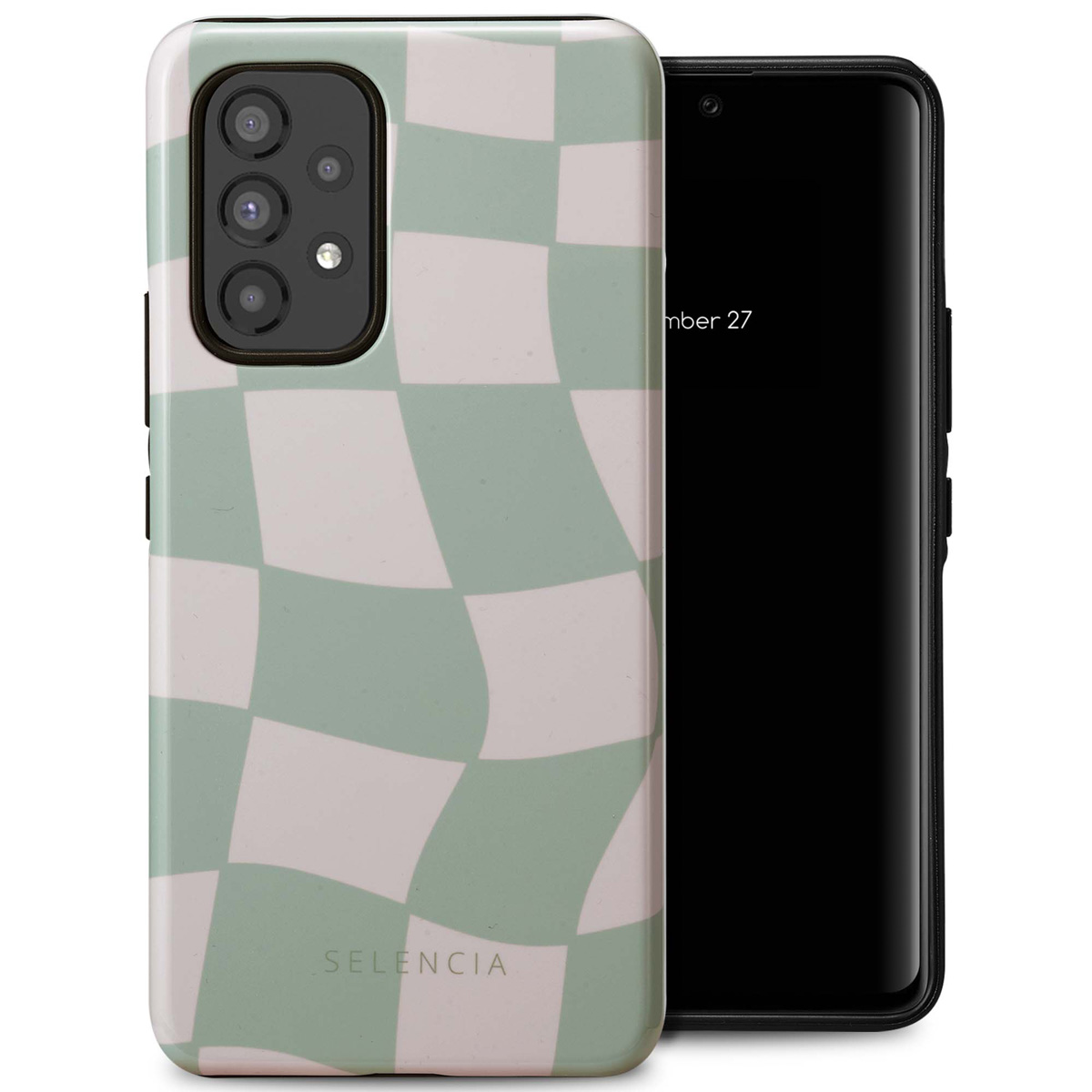 Coque de téléphone avec un motif à carreaux verts et blancs et un téléphone noir à l'intérieur.