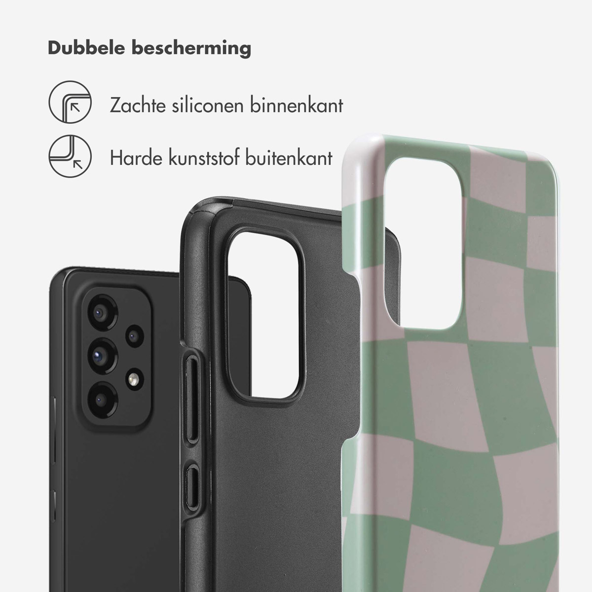 Coque de téléphone à motif de carreaux, montrant son intérieur souple et extérieur dur.