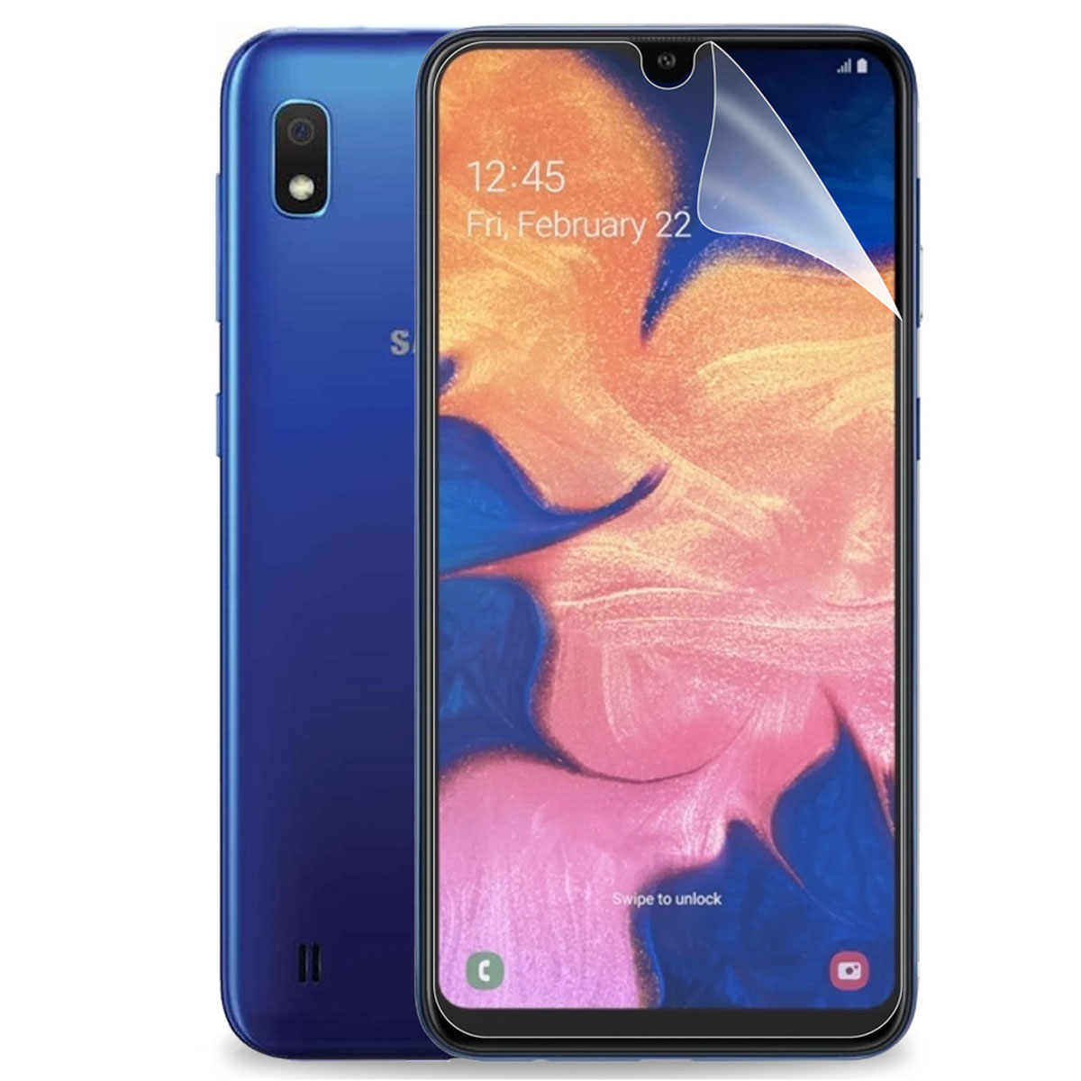 Een blauwe telefoon met een schermbeschermer. Het scherm toont een kleurrijke afbeelding. De achterkant van de telefoon wordt getoond.
