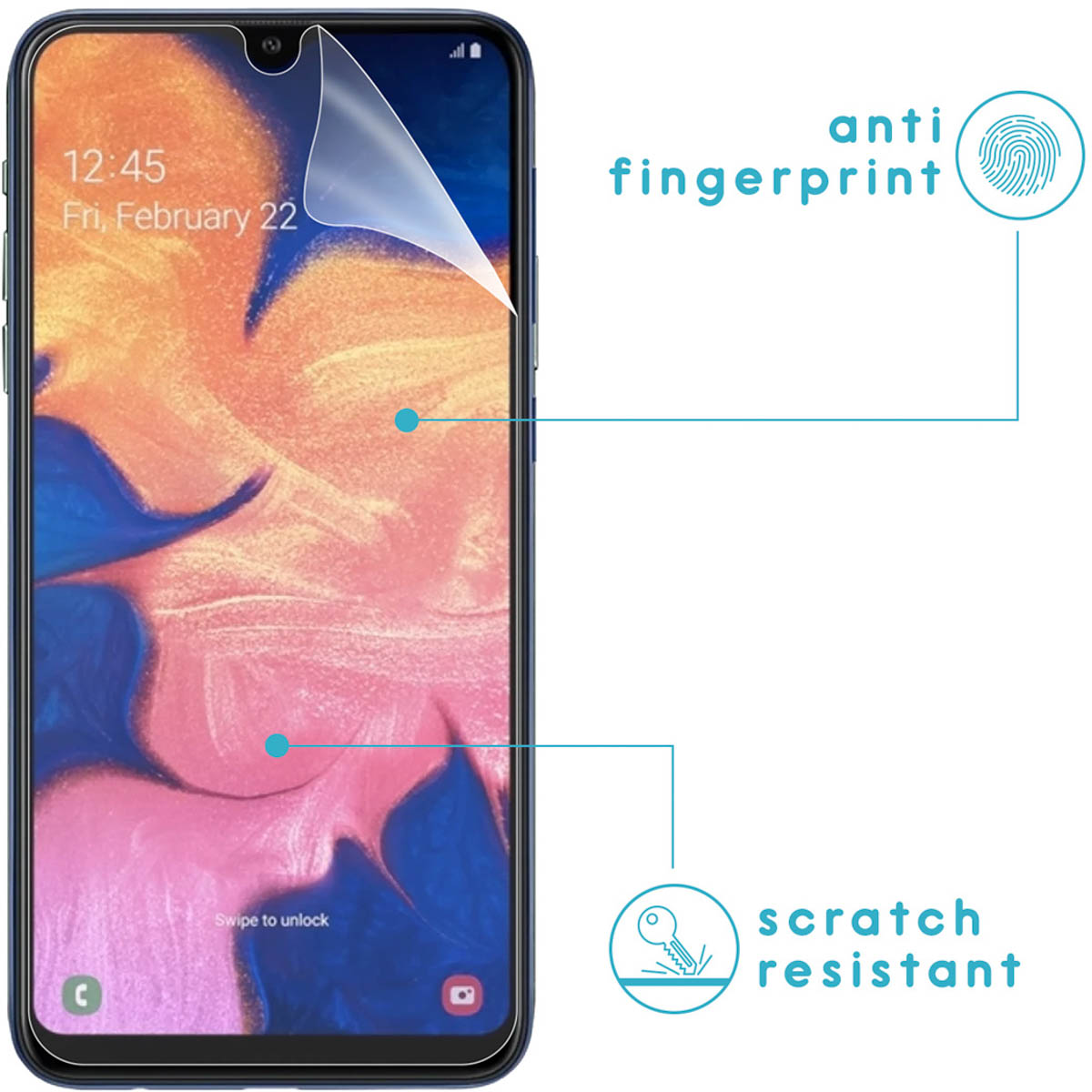 Telefoon met een schermbeschermer. Tekst op het scherm zegt anti-vingerafdruk en krasbestendig.