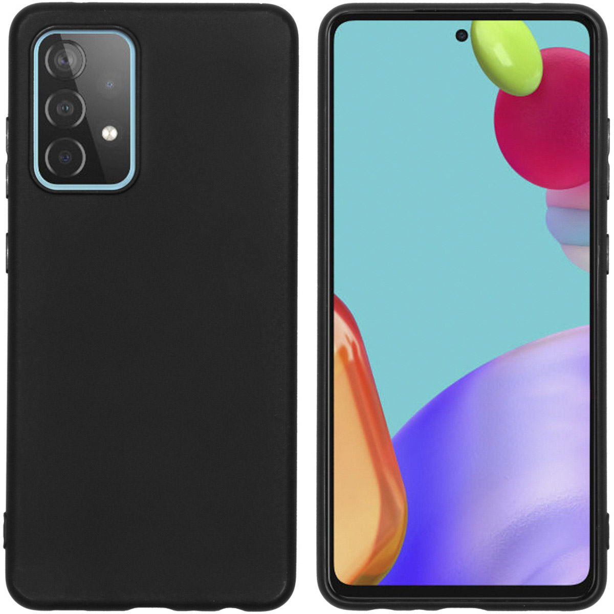 Zwarte telefoonhoes met telefoon erin, achter- en voorkant laten zien. Telefoon heeft meerdere camera's.