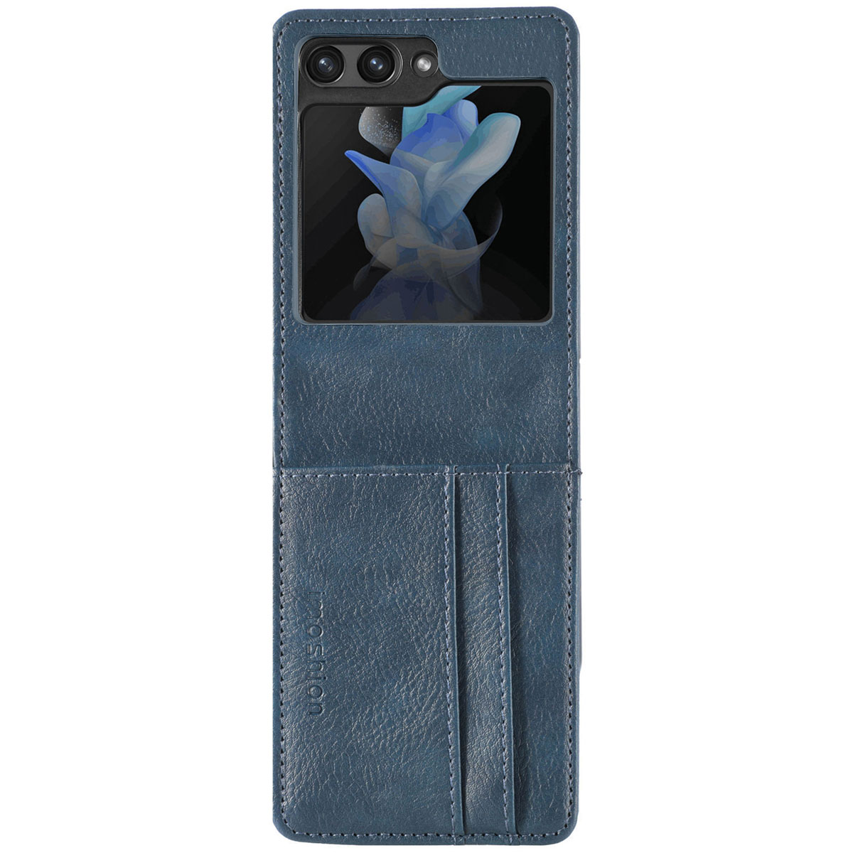 Una custodia blu con finestra trasparente e un telefono all'interno.