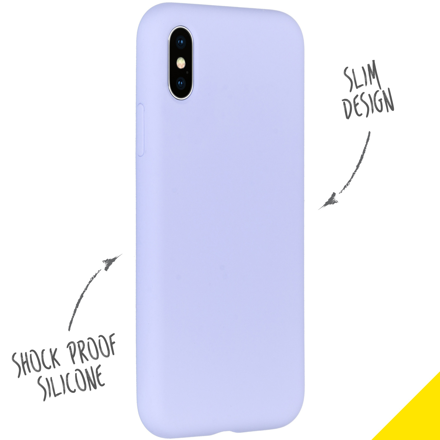 Eine hellviolette Handyhülle mit einem Telefon. Text sagt 'stoßfestes Silikon' und 'schlankes Design'.