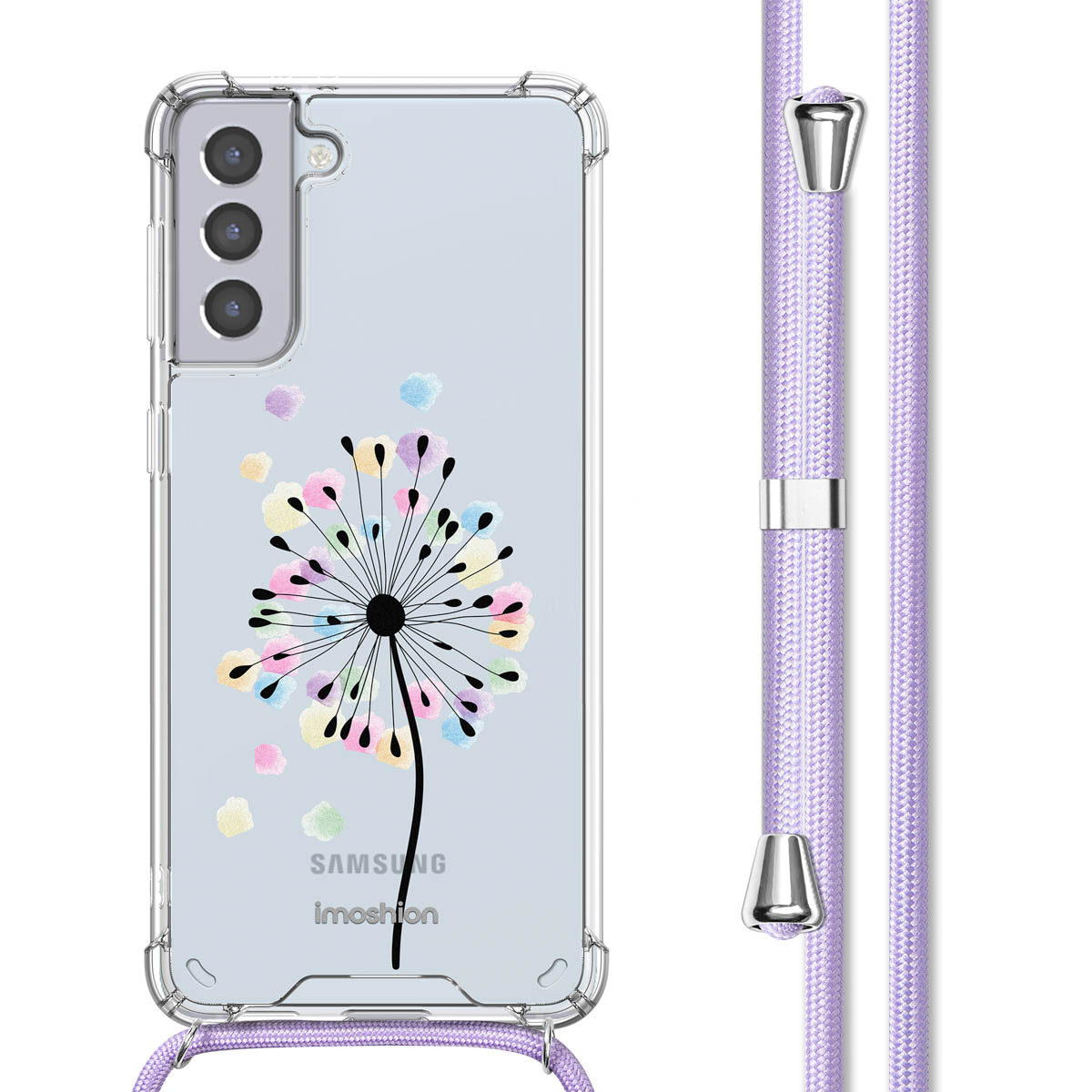 Coque de téléphone transparente avec motif pissenlit coloré et lanière violette.