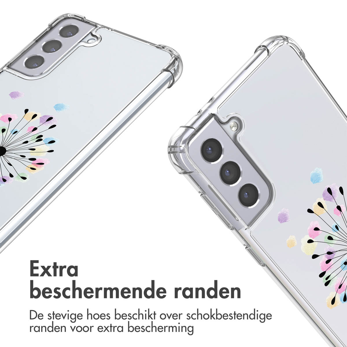 Coques transparentes avec un motif floral. Texte : Bords de protection supplémentaires.