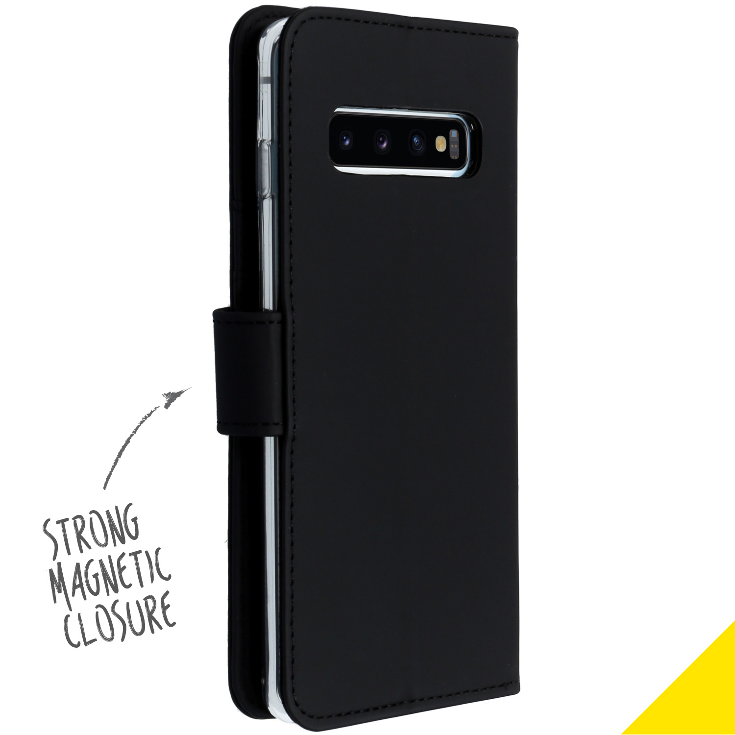 Custodia per telefono nera con chiusura magnetica chiusa. Testo: "Strong Magnetic Closure".