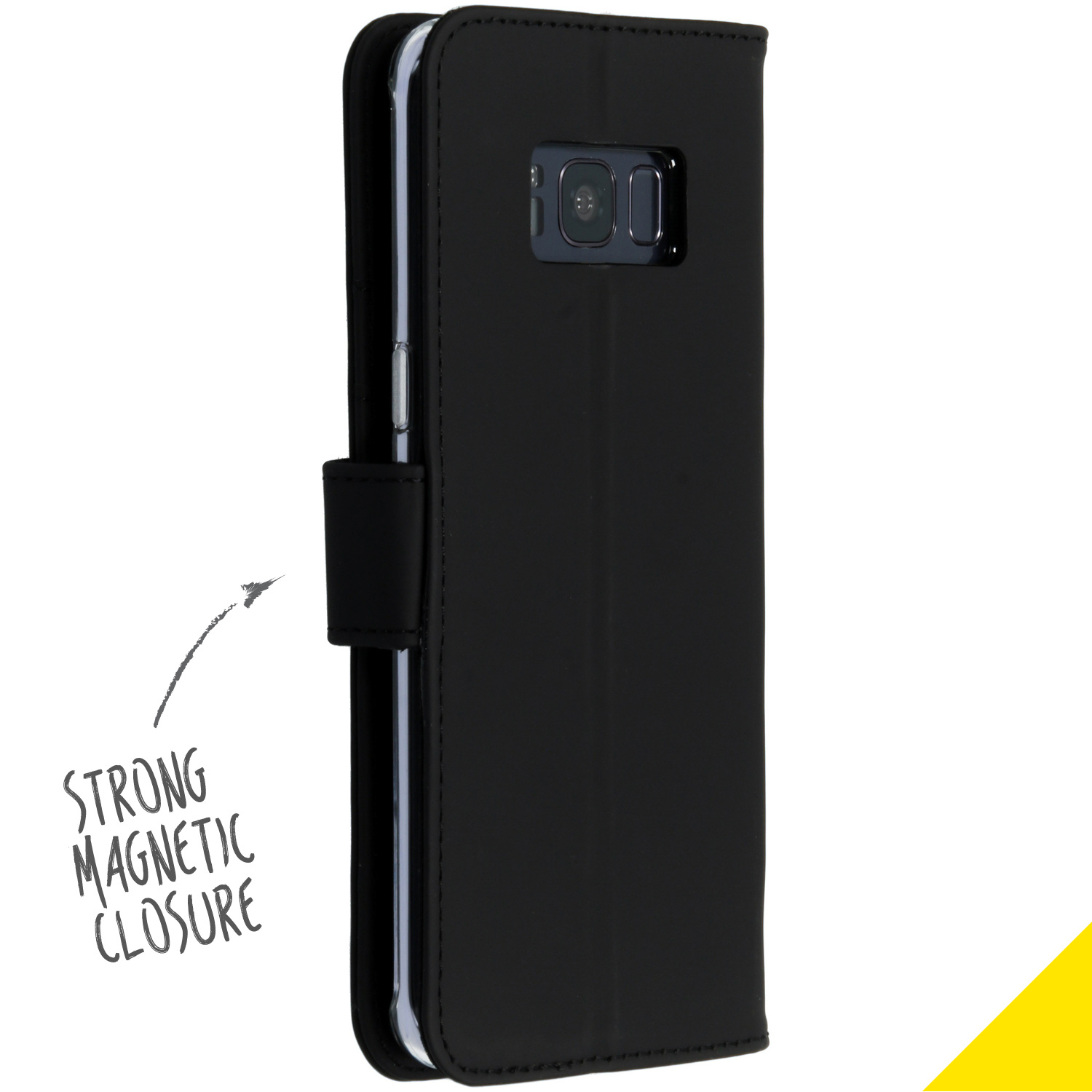 Étui de téléphone noir fermé. Fermeture magnétique avec texte : Fermeture magnétique forte.