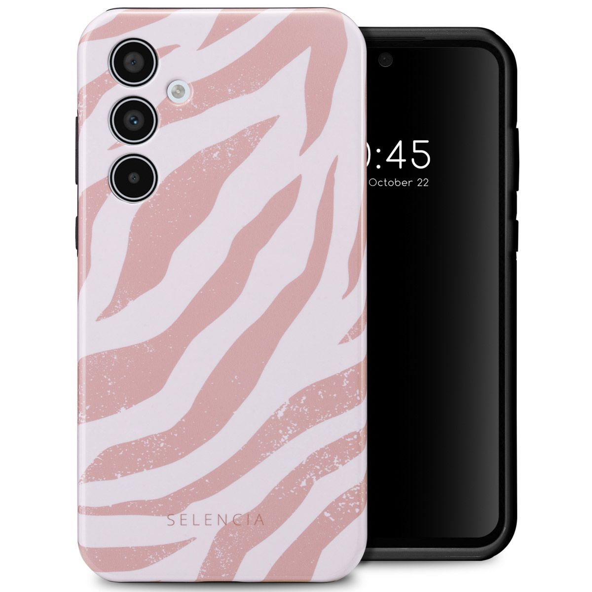 Coque de téléphone avec un motif zébré rose. Le téléphone est sur le côté droit.