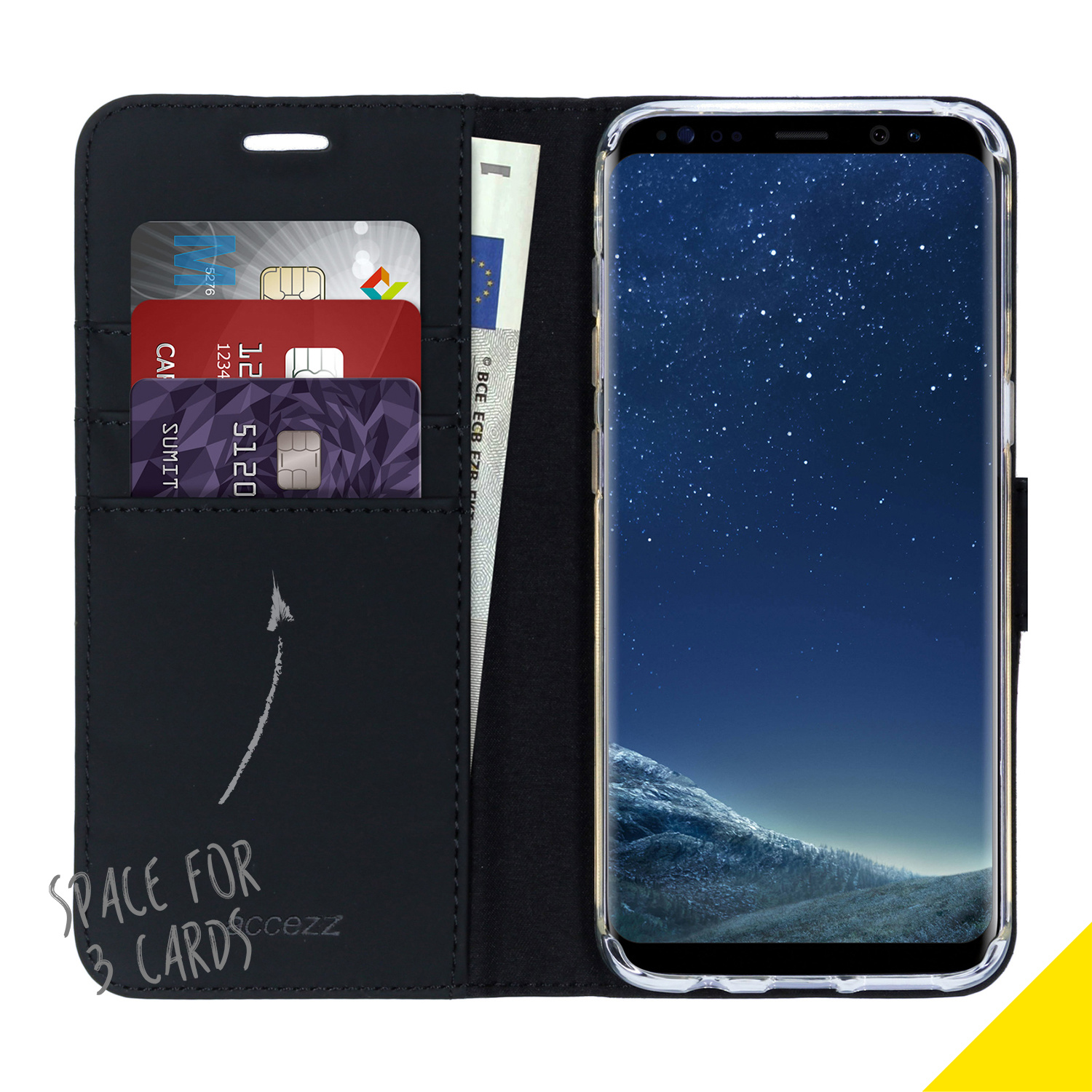 Un étui de téléphone avec trois fentes pour cartes et un billet à l'intérieur.