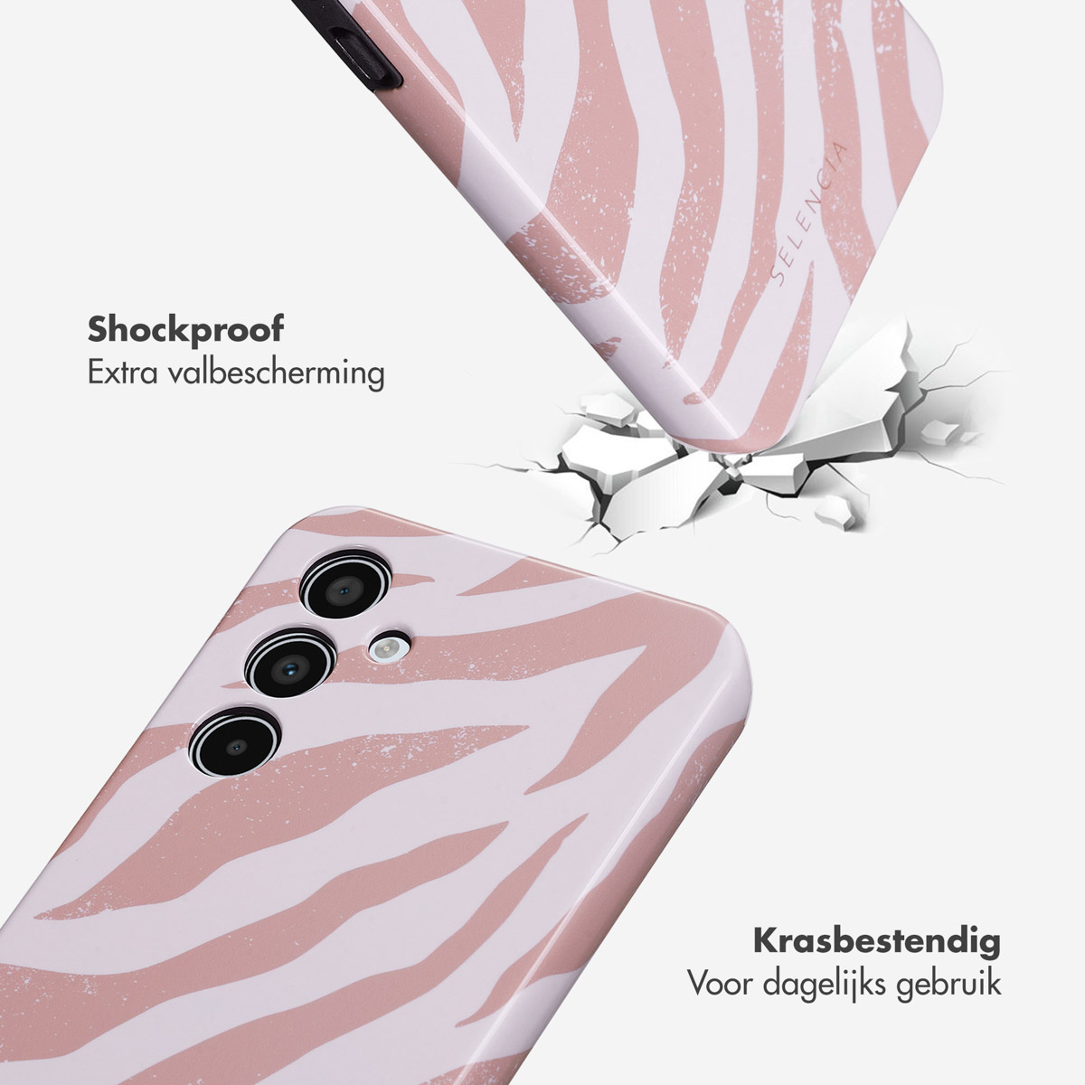 Coque de téléphone avec un imprimé zébré, en train de tomber. La coque est rose et blanche, avec du texte décrivant sa résistance aux chocs.