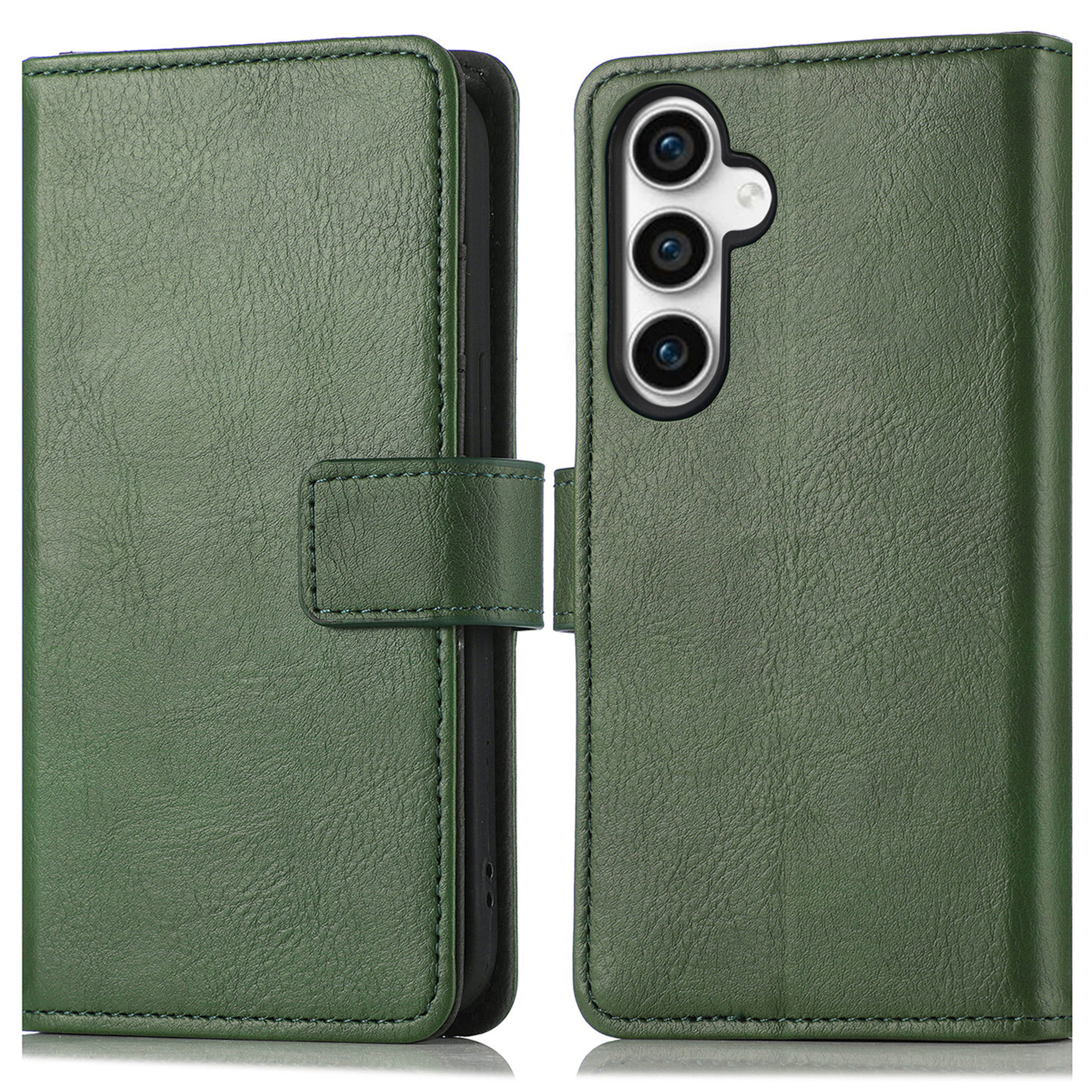 Groene leren telefoonhoes. De telefoonhoes is open. De achterkant van de telefoon is zichtbaar.
