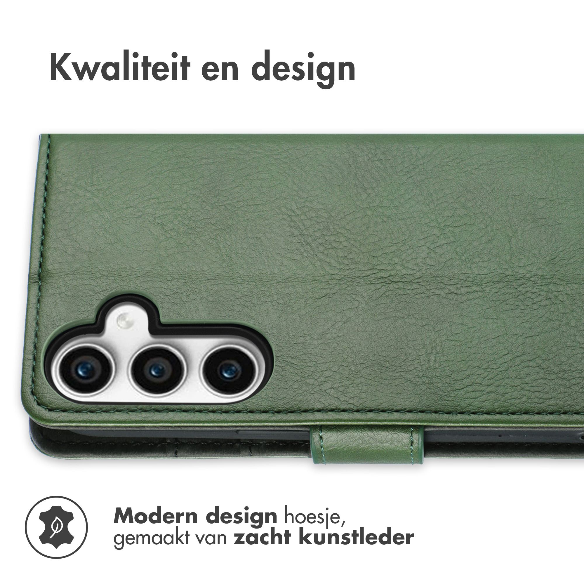Groene telefoonhoes met telefoon erin, achterkant laten zien. Tekst zegt 'Modern design hoesje'.