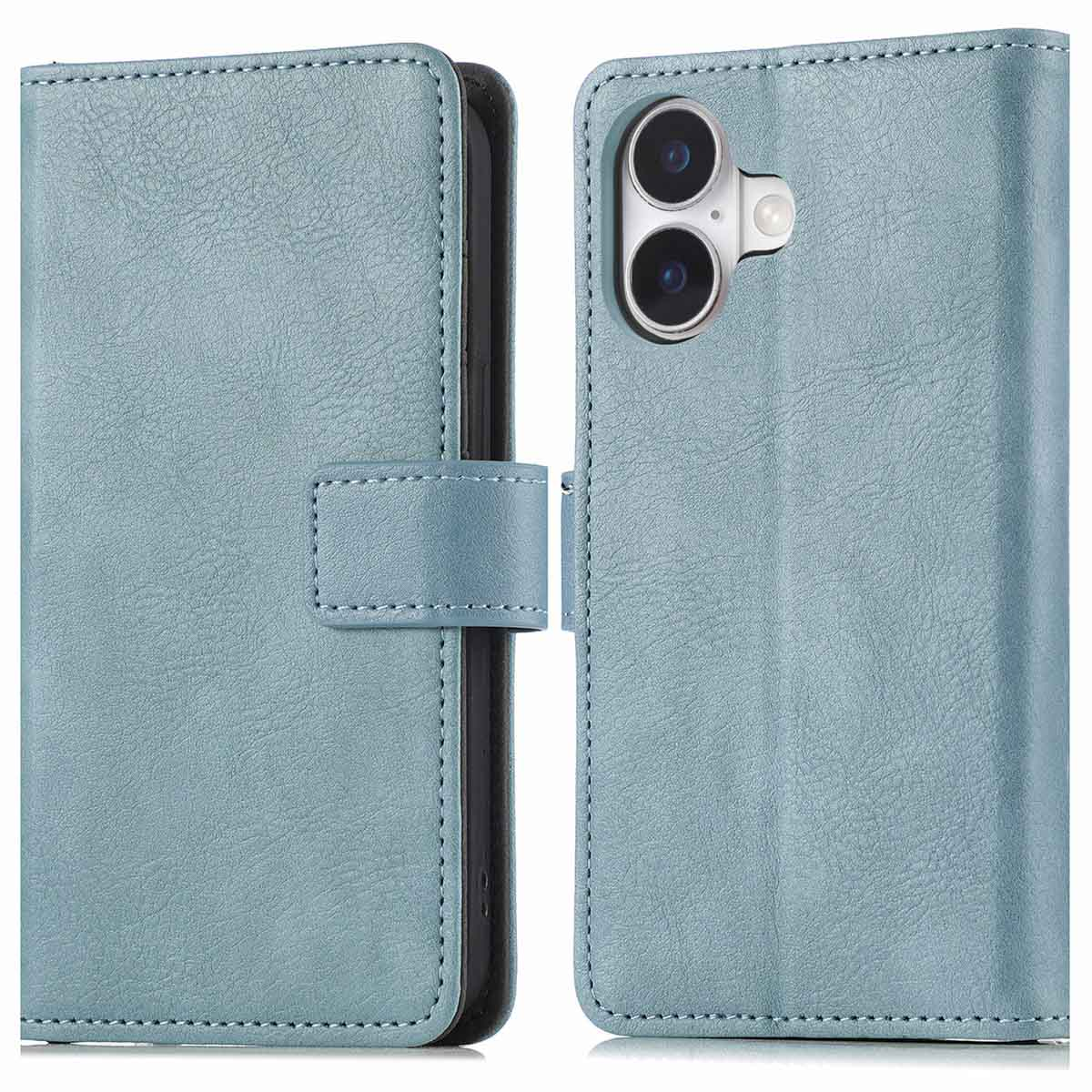 Téléphone dans un étui en cuir bleu. L'étui est fermé.