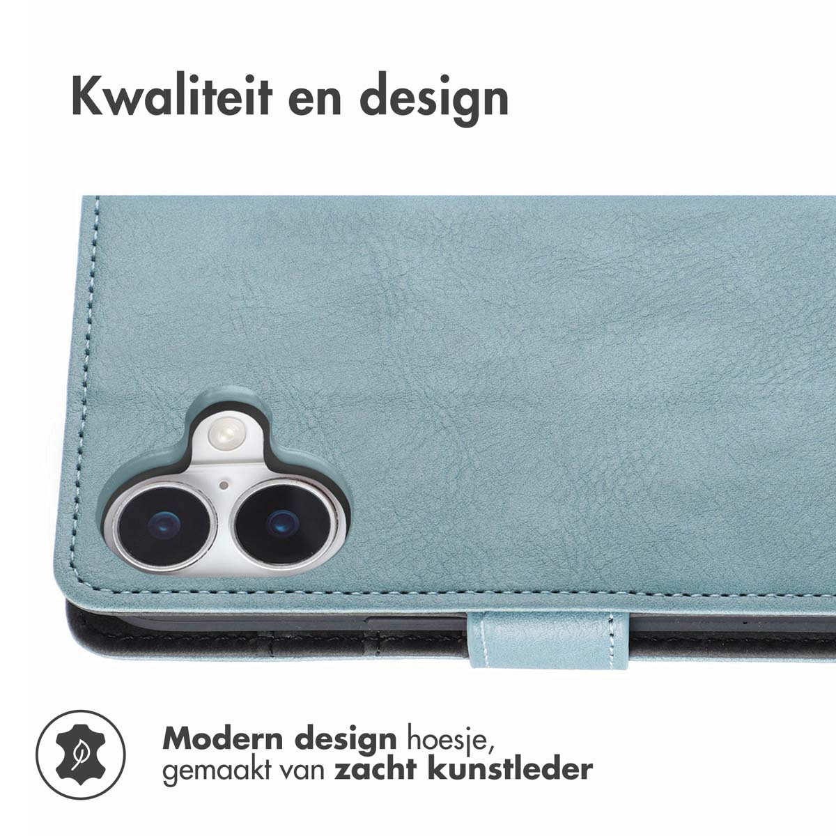 Coque de téléphone bleue avec caméra, le texte dit Kwaliteit en design, design moderne.