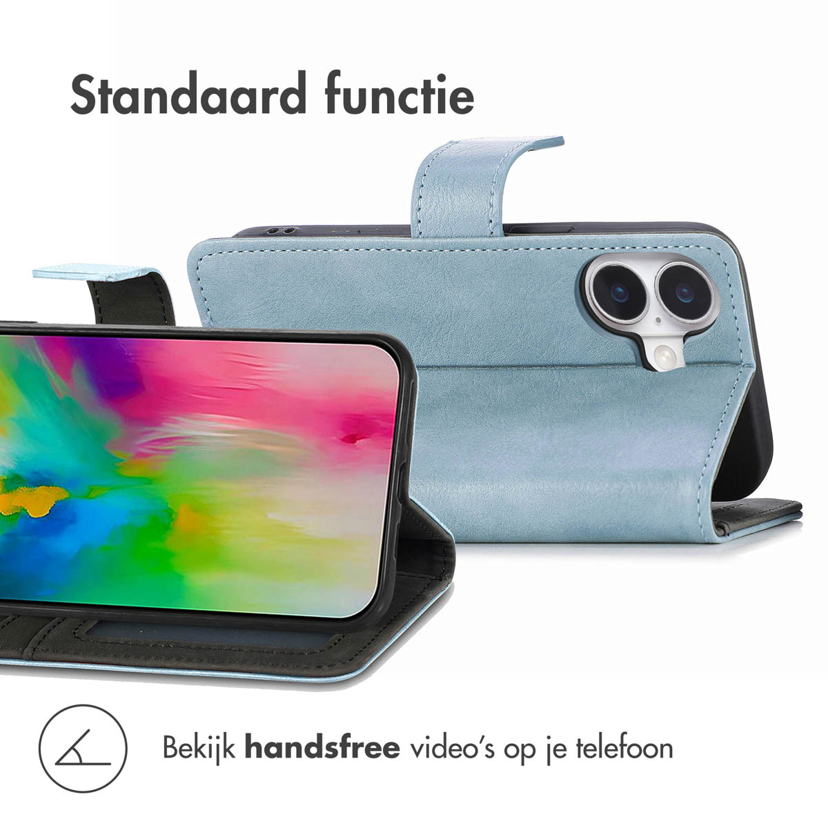 Coque bleue, ouverte pour montrer le téléphone et la visualisation vidéo mains libres.