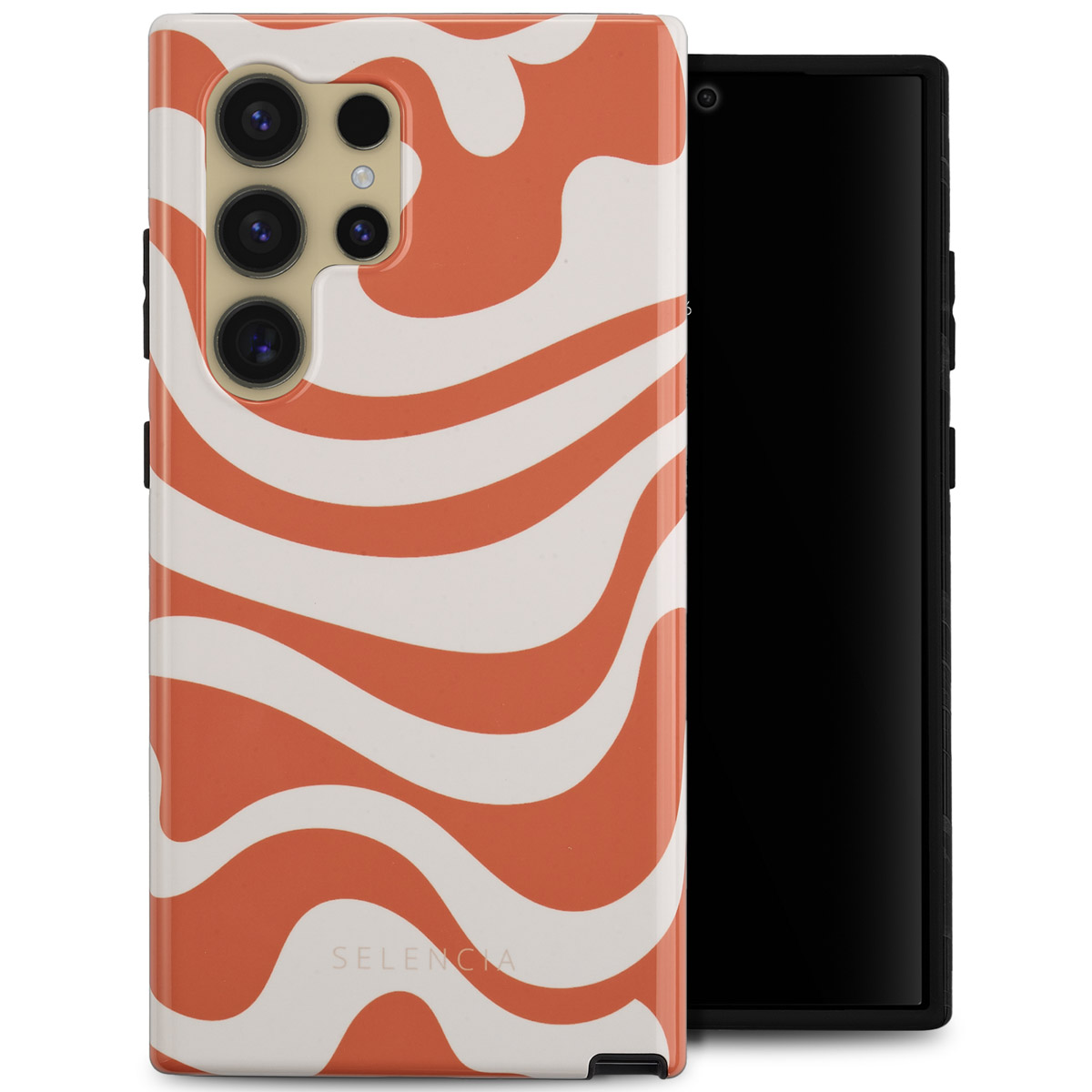 Een telefoonhoesje met een oranje en wit golvend patroon.