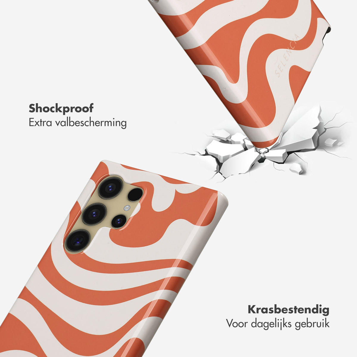 Telefoonhoesje met oranje en wit golvend ontwerp. Een hoesje valt op een oppervlak en barst het.