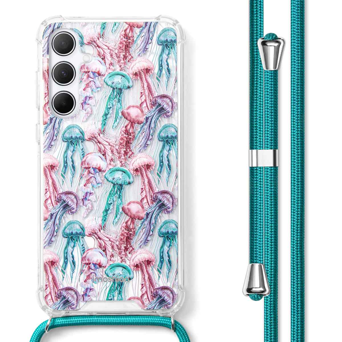 Coque de téléphone transparente avec motif méduses et lanière turquoise.