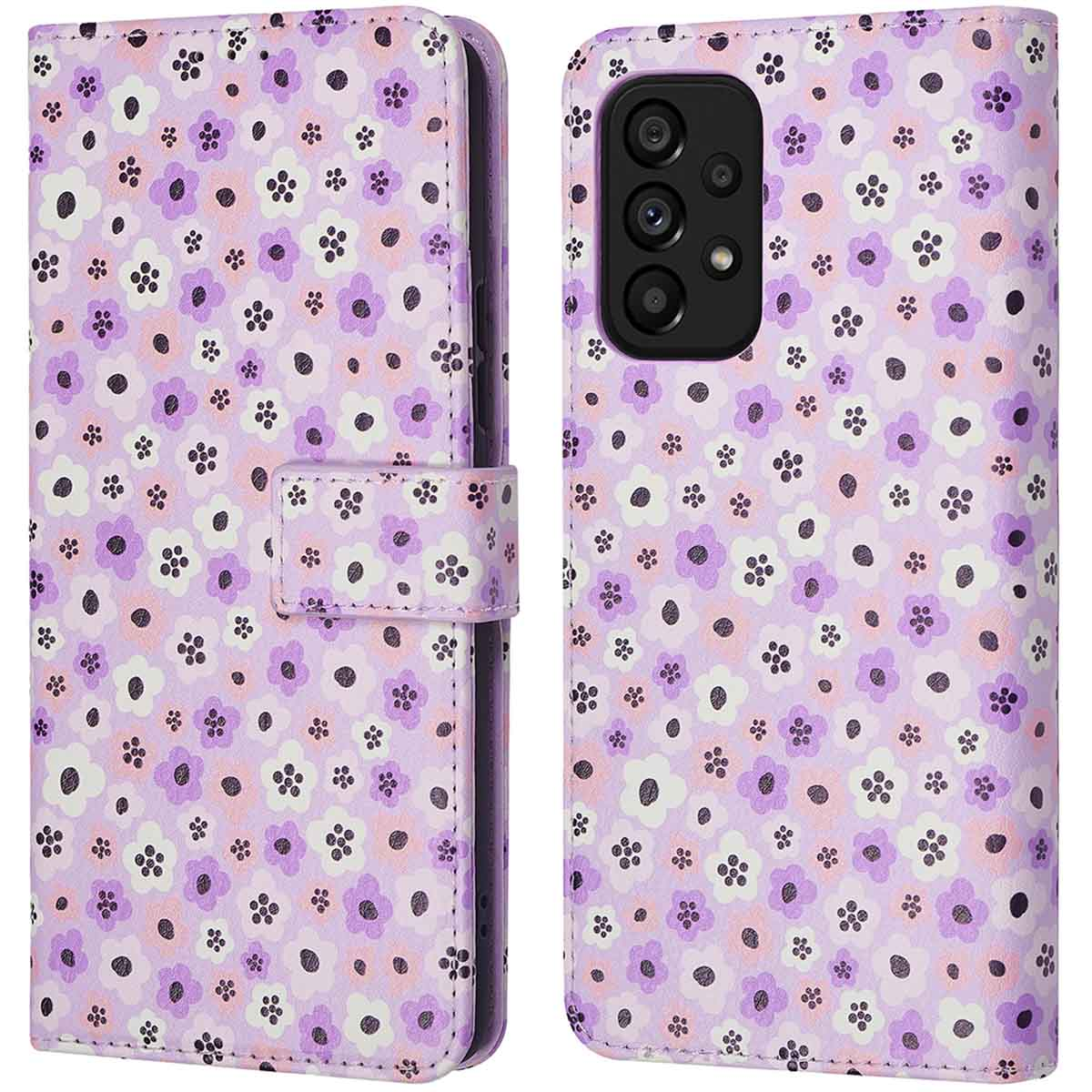 Open telefoonhoesjes met een bloemenpatroon. De hoesjes zijn paars en wit.