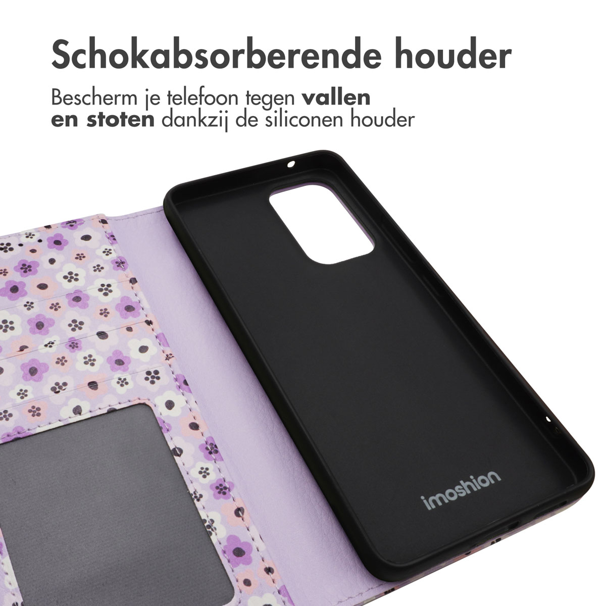 Een zwarte telefoonhoes staat naast een paarse hoes in portemonnee-stijl, met een kaartsleuf.