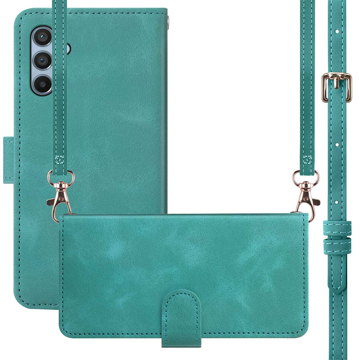 Étui de téléphone en cuir sarcelle avec sangle. Comprend une fonction portefeuille avec fermoir. Le téléphone est visible.