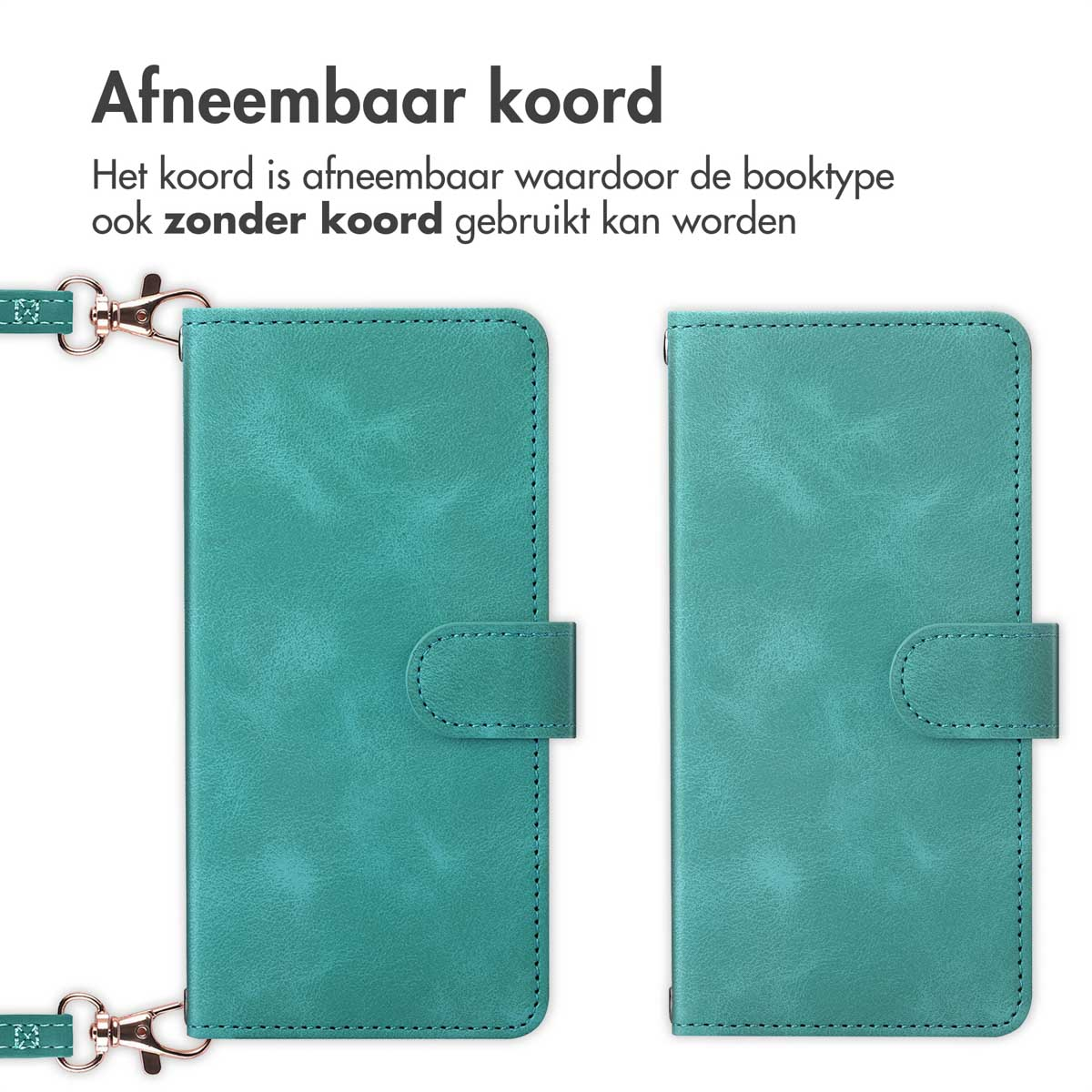 Coque de téléphone sarcelle avec cordon détachable. L'étui est ouvert, affichant l'intérieur et l'option de retirer.