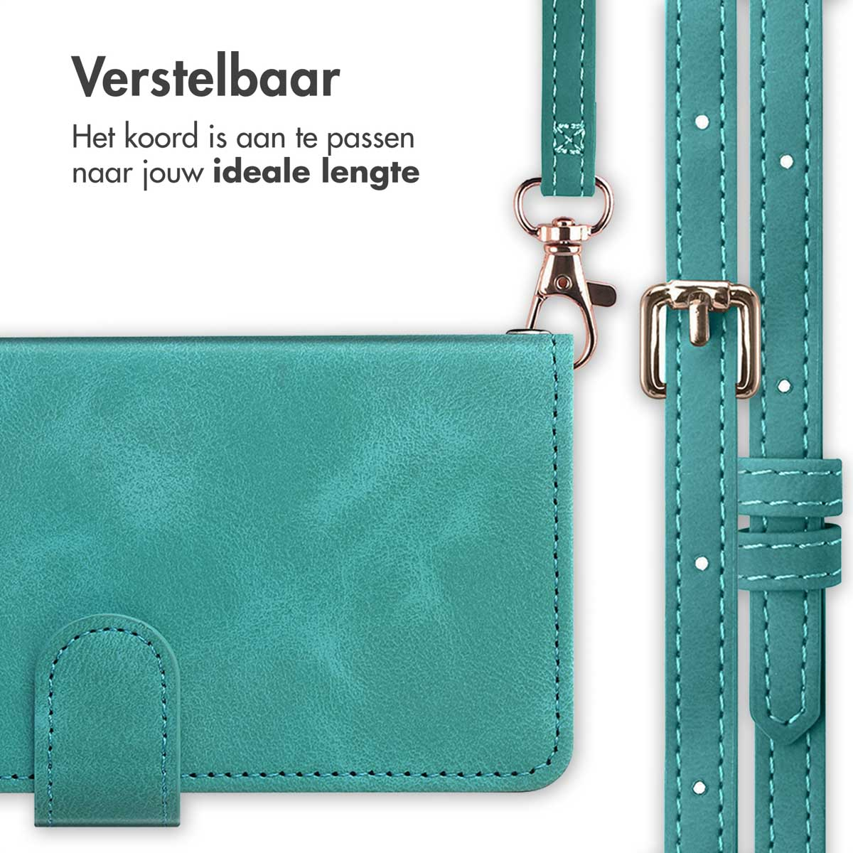 Étui et lanière turquoise. Texte : Réglable. Lanière réglable, fermoir doré.