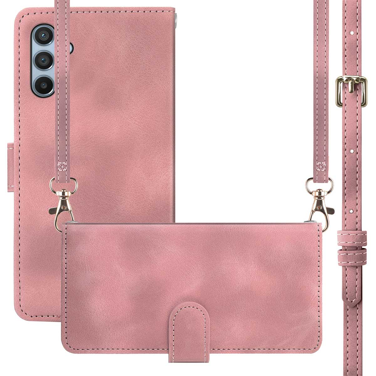 Étui de téléphone en cuir rose avec sangle et fermeture magnétique.