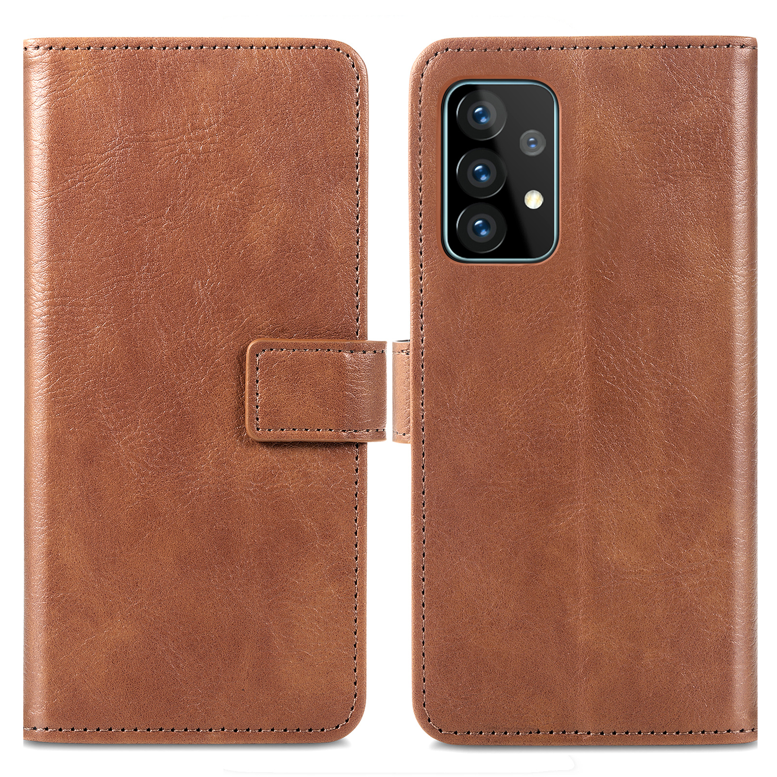 Bruine leren wallet phone case, open om de telefoon te laten zien.