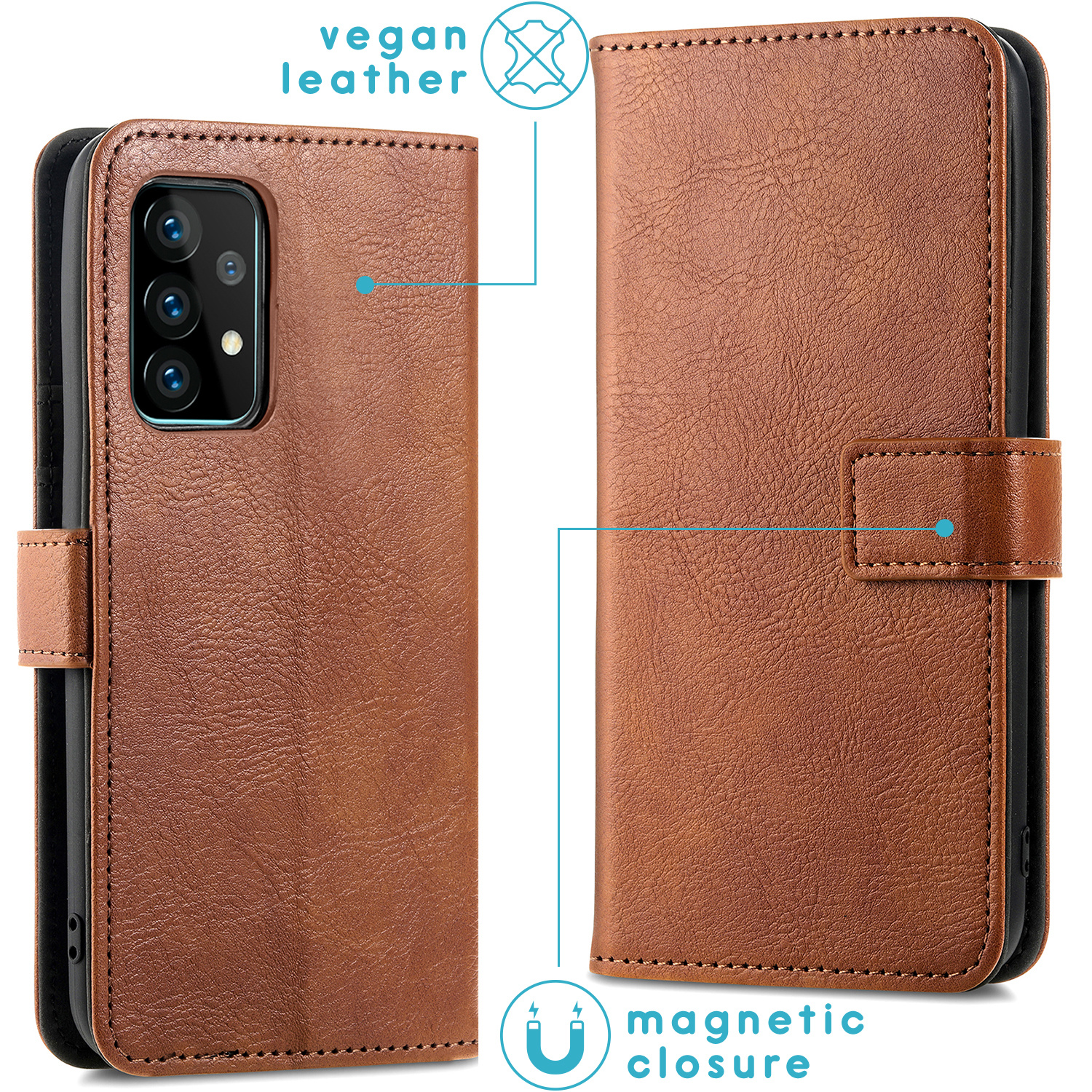 Twee bruine vegan leren telefoonhoesjes. Eén is open, de andere gesloten met een magnetische sluiting. Toont vegan leer.