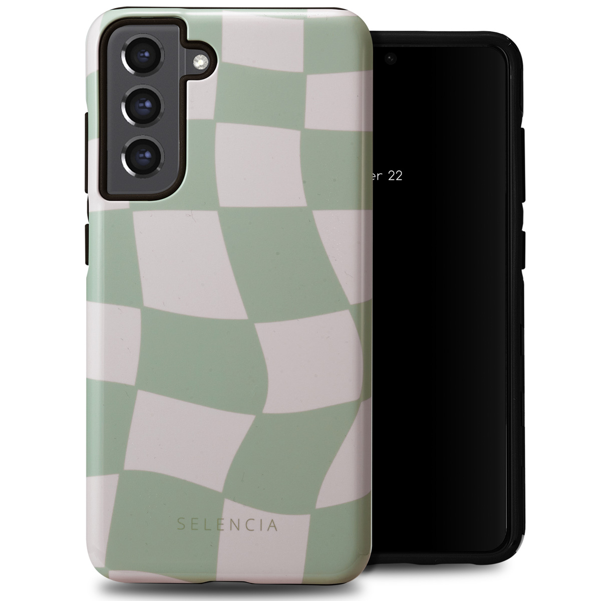 Custodia per telefono con un design a scacchi verde e bianco. Il telefono è nero con tripla fotocamera.
